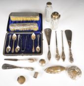 Hallmarked silver items to include cased set of five teaspoons and tongs, silver handled dressing