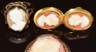 A 9ct gold ring, brooch and earrings, all set with cameos, 13.8g