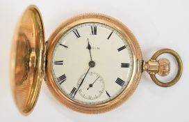 Elgin gold plated keyless winding full hunter pocket watch with inset subsidiary seconds dial, blued