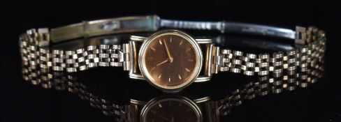 Omega 9ct gold ladies wristwatch with rose gold hands, hour markers and dial and quartz movement, on