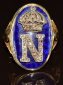 Victorian 18ct gold court ring set with blue enamel with a mounted crown and letter 'N' encrusted