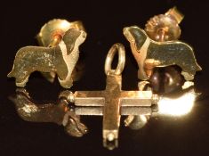 A pair of 15ct gold bespoke earrings in the form of an old English sheepdog (1.4g) and a 9ct gold
