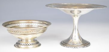 Two hallmarked silver pedestal bon bon dishes, one with pierced decoration, taller Sheffield 1909,