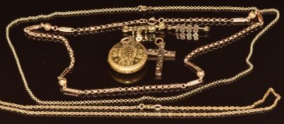 A 9ct rose gold necklace made up of circular, elongated and sphere links (7.8g, 44cm), two 9ct