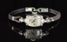 Hamilton 14ct white gold ladies wristwatch with blued hands and Arabic numerals, steel dot hour