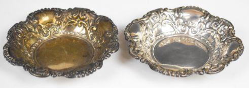 Pair of Victorian hallmarked silver bon bon dishes with embossed decoration, Sheffield 1898, maker