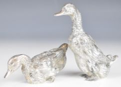 Pair of continental silver novelty models of ducks, both marked A835 to bases, height of tallest