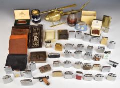 Large collection of cigarette lighters / smoking related cases, leather wallet and a brass model