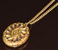Victorian locket with engraved decoration set with blue enamel (2.8 x 2.2cm) on 15ct gold chain with