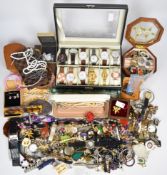 A collection of jewellery including vintage brooches, opal cufflinks, silver earrings, watches in