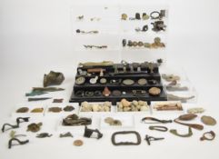 Large collection of metal detecting finds including bronze Roman fibula brooches, Bronze Age