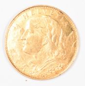 Swiss 1922 10 Franc Helvetia gold coin, 3.22g 0.900
