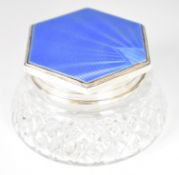 Art Deco hallmarked silver and blue guilloché enamel topped dressing table pot, marks rubbed,