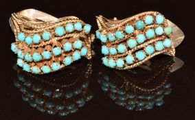 A pair of yellow metal earrings set with turquoise, test as 9k gold, 11.6g