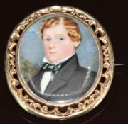 Victorian brooch / pendant set with an ivory portrait miniature of a young gentleman, verso a locket