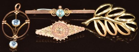 Three 9ct gold brooches, one hallmarked 1893 and an Edwardian 9ct gold pendant, 9.3g