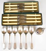 Six hallmarked silver fiddle pattern teaspoons, some Exeter, Victorian hallmarked silver mustard and