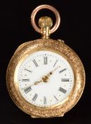 Unnamed 14ct gold keyless winding open faced pocket watch with gold hands, black Roman numerals,