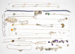 Seven silver bracelets including Pandora, tiger's eye, charm bracelet, amethyst, mother of pearl,