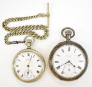 Two keyless winding open faced pocket watches Glashütte Uhrenfabrik Union silver example with