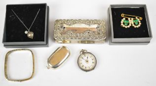 Hallmarked silver trinket box, paste set horseshoe and shamrock brooch, and silver items including