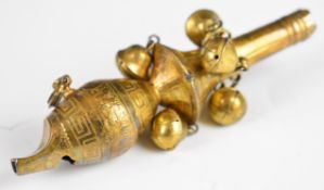 Georgian or Victorian hallmarked silver gilt baby's rattle marked with lion passant and letter K,