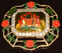 A 9ct gold Gloucester coat of arms brooch set with enamel, 15g, 4 x 3.8cm