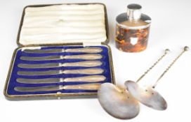 Hallmarked silver and tortoise shell tea caddy, cased set of six silver handled cake or butter