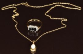 A 9ct gold ring set with three oval cut sapphires surrounded by diamonds and 9ct gold pendant set