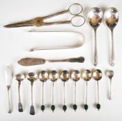 Georgian and later hallmarked silver cutlery to include grape scissors, sugar nips and a set of