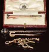 Victorian stick pin set with banded agate and seed pearl, 15ct gold horseshoe stick pin set with