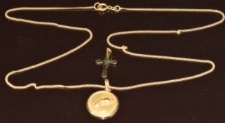 Two 9ct gold pendants, one a cross and the other Aquarius zodiac symbol (4.2g) on 18k gold chain (