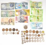 Small collection of world coins and banknotes including some silver coins and redeemable currency