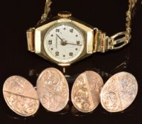 A 9ct gold cased watch and a pair of Art Deco 9ct gold cufflinks (6g)