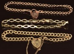 Two 9ct gold curb link bracelets with heart padlock clasps and a 9ct gold bi-coloured bracelet, 18.