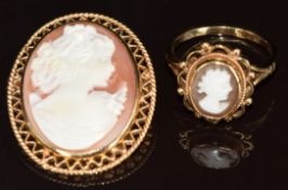 A 9ct gold pendant/ brooch and ring both set with a cameo, 7.5g, size K, 2.2 x 3cm