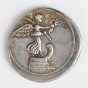 Roman silver Denarius of Octavian 30 BC, Victory facing right standing on a prow, rev Octavian