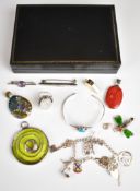 A collection of jewellery, some silver items including charm bracelet, two pendants, bangle, ring