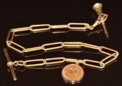 An 18ct gold Albert / watch chain made up of elongated oval links (31g, 31cm), with 1909 gold half