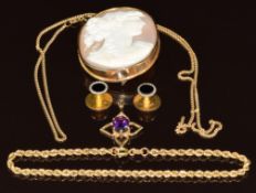 A collection of 9ct gold jewellery including rope twist bracelet, pendant set with an amethyst,