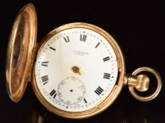 J W Benson 9ct gold keyless winding half hunter pocket watch with subsidiary seconds dial, black