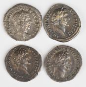 Four Roman silver Denarius of Antonius Pius, all 138-161 AD and laureate head right, comprising