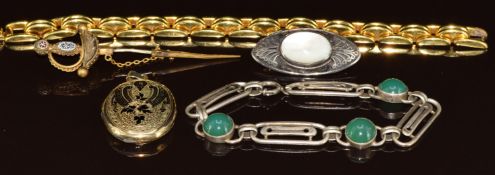 Victorian locket, silver bracelet set with green agate, silver brooch, gold plated bracelet and a
