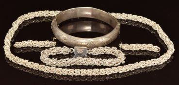 A silver necklace, earrings and bracelet together with a silver bangle, 113g