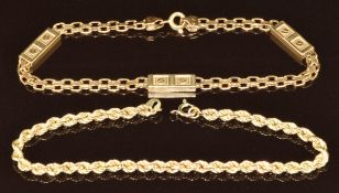 An 18ct gold bracelet (6.8g, 18.5cm) and a 9ct gold rope twist bracelet (1.6g, 17cm)