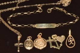 Two 9ct gold chains, two 9ct gold St Christophers, 9ct gold 'love, faith and hope' pendant, 9ct gold