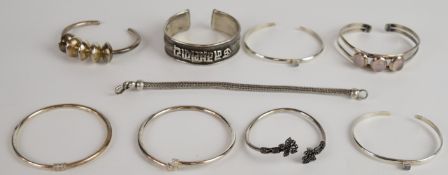 Nine silver white metal/ silver bracelets and bangles including rose quartz, labradorite, etc, 170g
