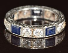Art Deco platinum eternity ring set with old cut diamonds and rectangular sapphires with engraved