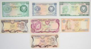Seven Cyprus 1979-1997 banknotes comprising 250 and 500 Mils, plus £1, £5 and £10 dated 1979, all