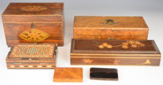 Collection of 19th / 20thC inlaid boxes including Georgian tea caddy, glove boxes, tortoiseshell